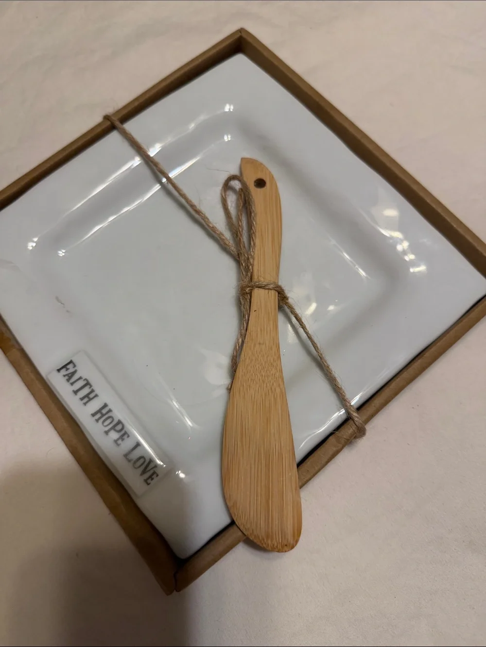 White Ceramic Snack Plate with 'Faith Hope Love' and Wooden Spreader